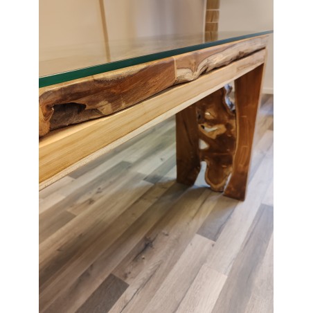 CONSOLE TECK ET PLATEAU VERRE